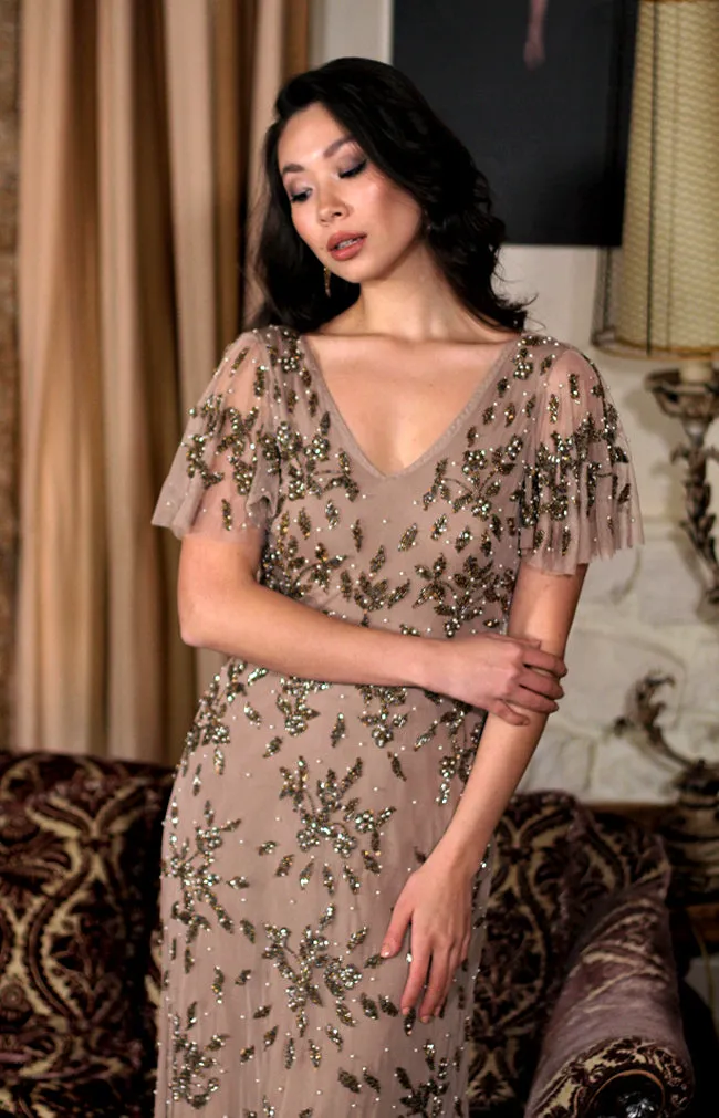 Annette Hand Beaded Gown - Mocha