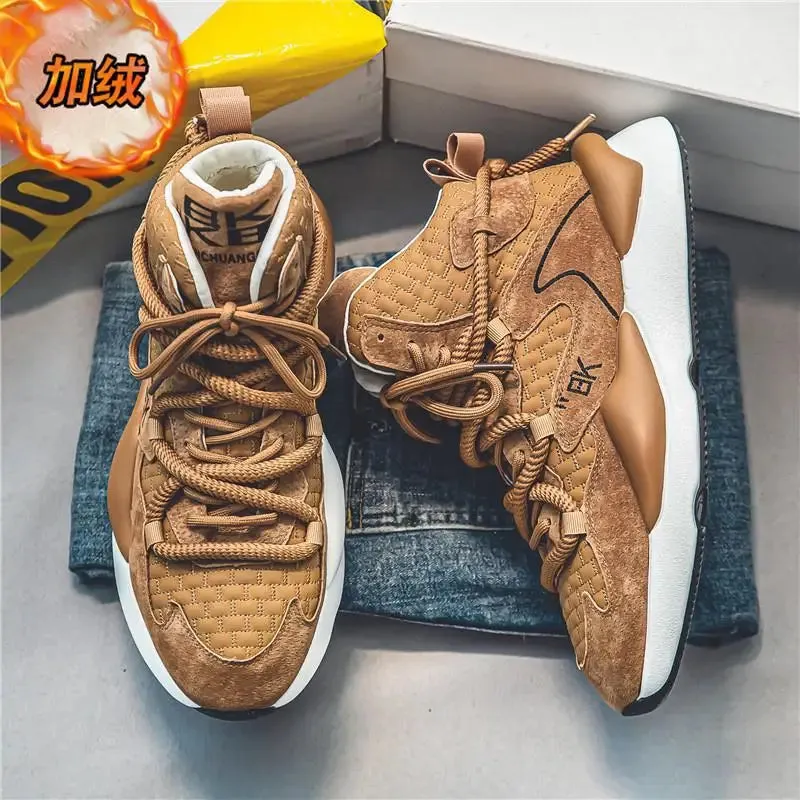 Autumn Winter Men's Fashion Furry High-top Sneakers Warm Comfortable Sport Running Shoes Lace-up Outdoor Student Cushioning