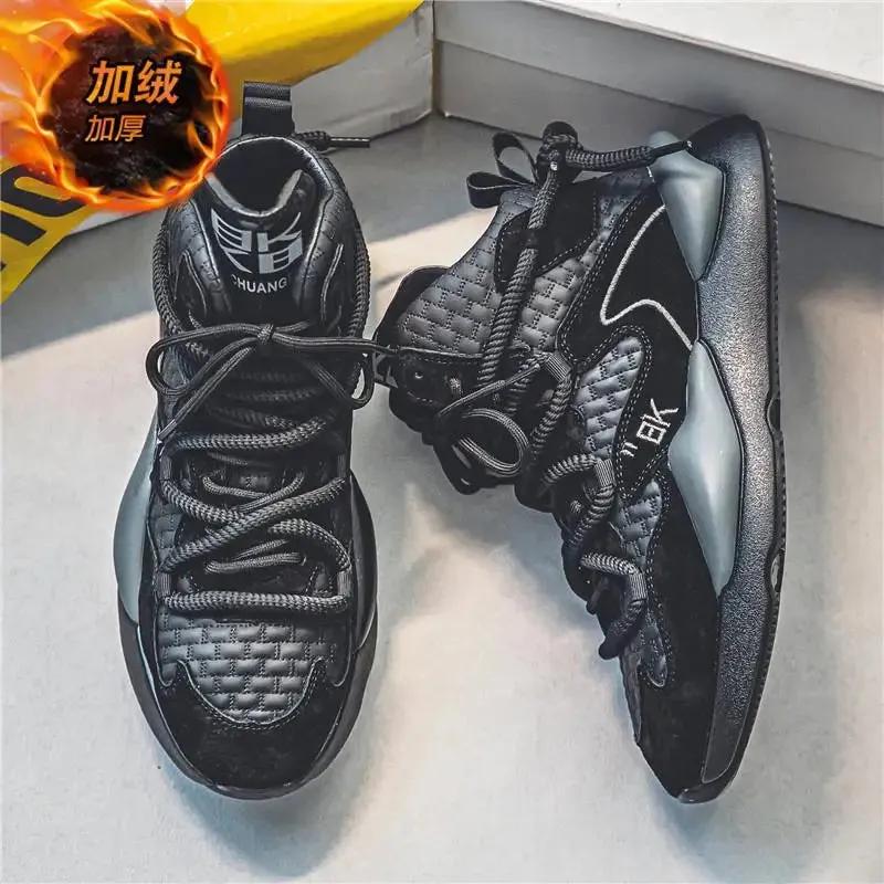 Autumn Winter Men's Fashion Furry High-top Sneakers Warm Comfortable Sport Running Shoes Lace-up Outdoor Student Cushioning