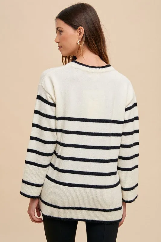 Beige and Black Striped Ribbed Knit Sweater