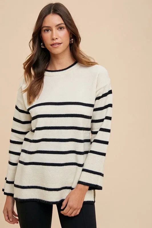 Beige and Black Striped Ribbed Knit Sweater