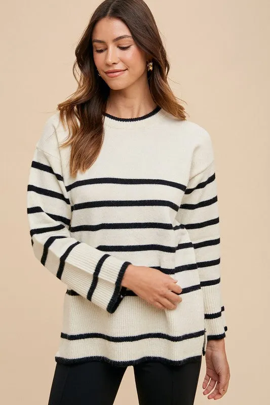 Beige and Black Striped Ribbed Knit Sweater