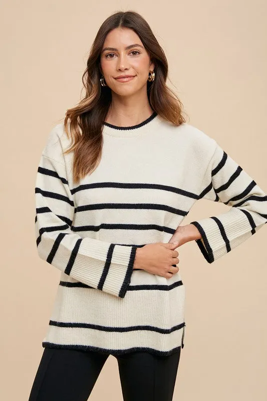 Beige and Black Striped Ribbed Knit Sweater