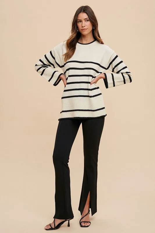 Beige and Black Striped Ribbed Knit Sweater