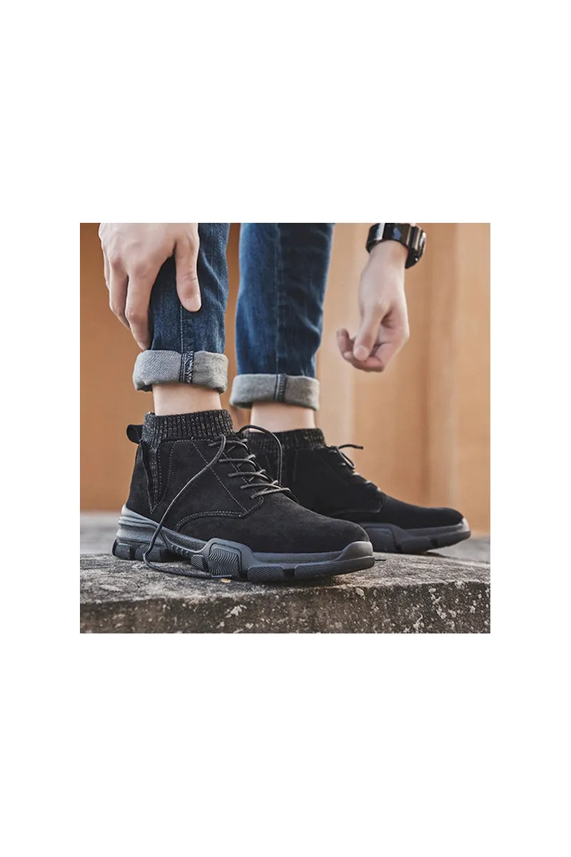 Black Inside Ribbed Lining Boots Mens Shoes Faux Suede Vintage Winter