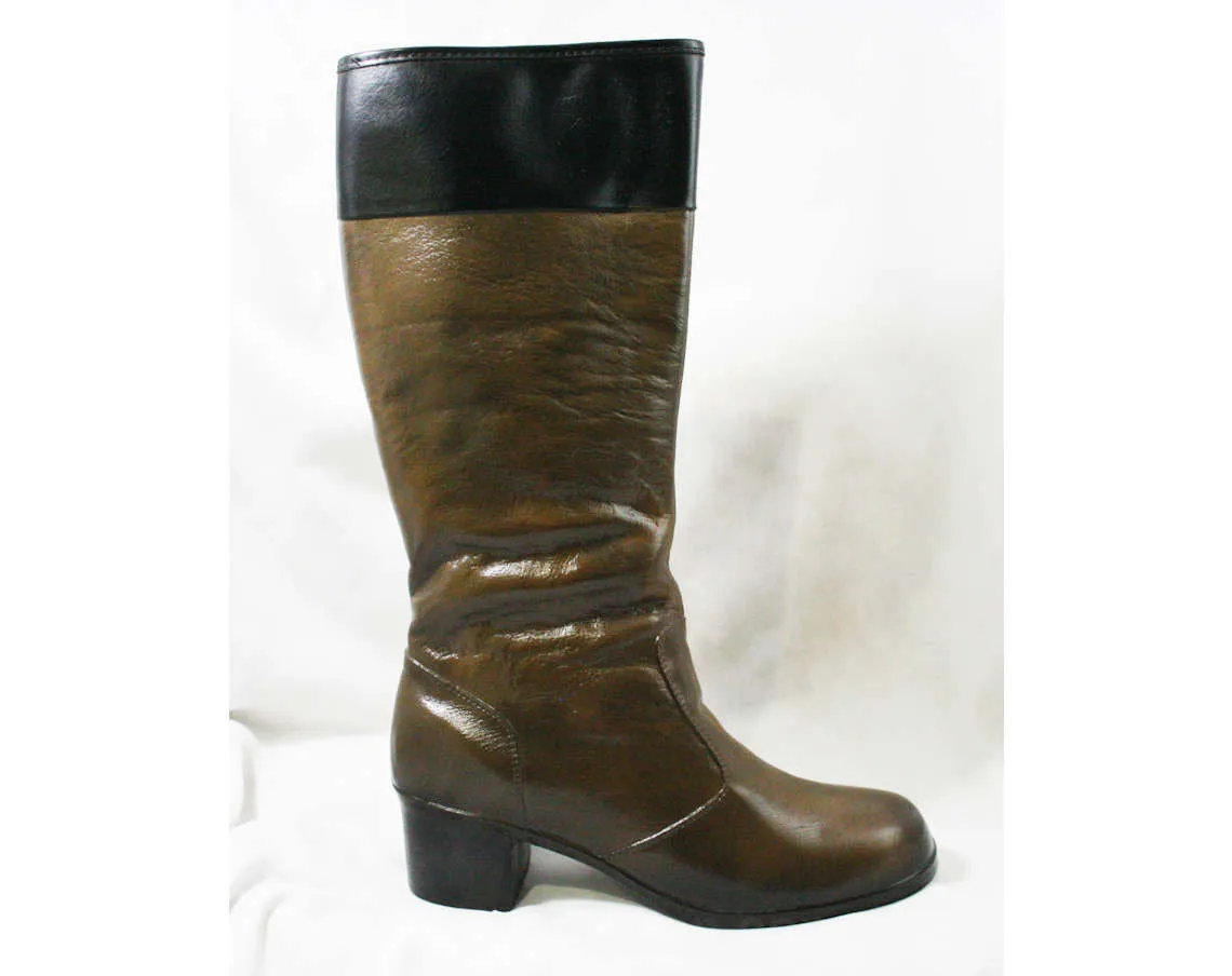 Size 6 Black & Brown 60s Boots - Waterproof Rubber - Sophisticated 1960s Street Style - Color Block - Lined - Unworn - Deadstock - 43293-7