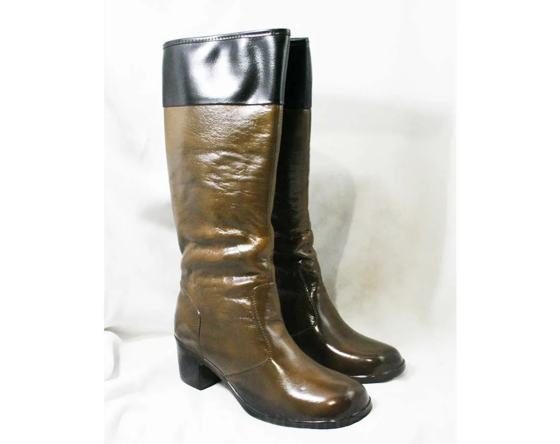Size 6 Black & Brown 60s Boots - Waterproof Rubber - Sophisticated 1960s Street Style - Color Block - Lined - Unworn - Deadstock - 43293-7