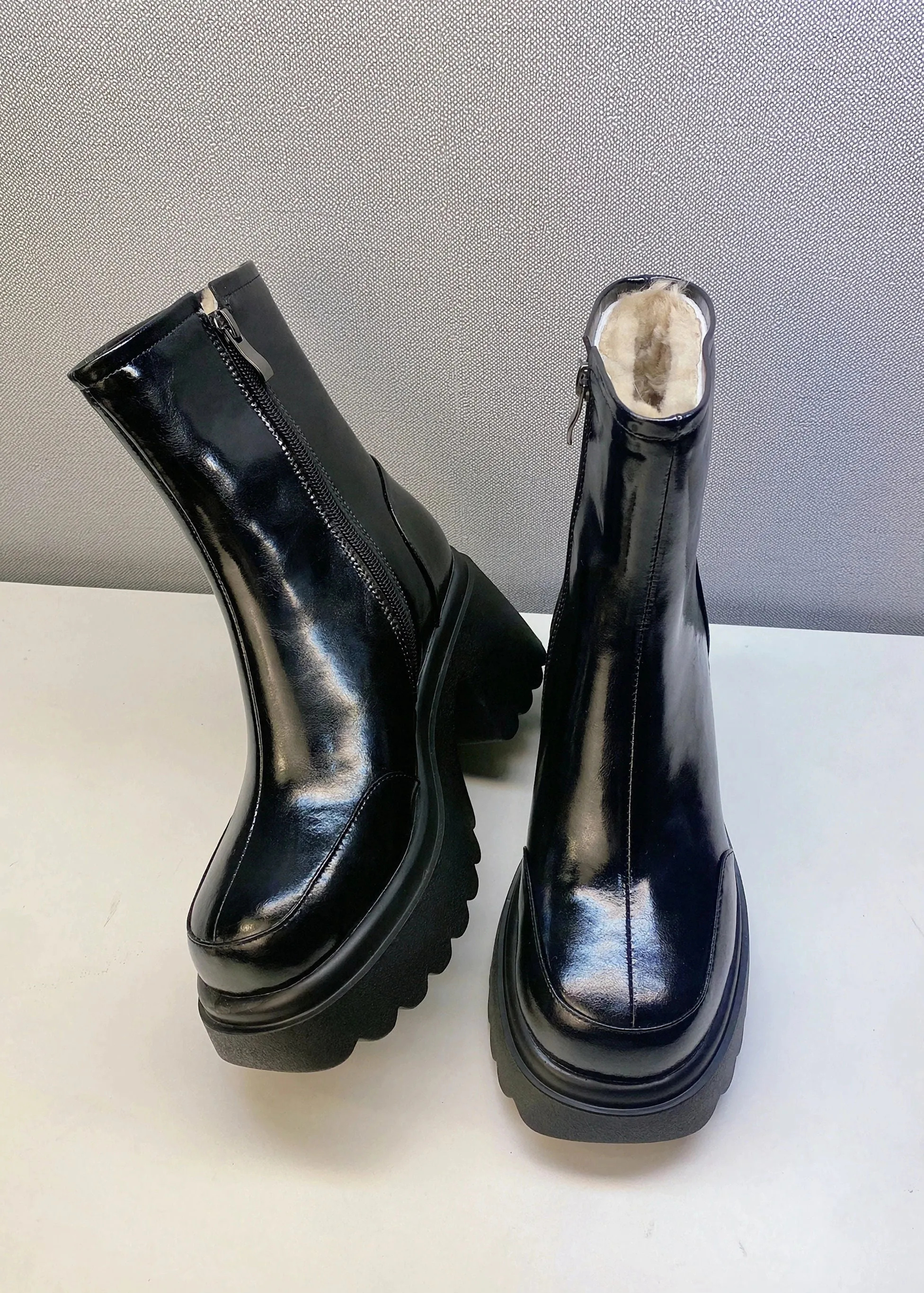 Winter Block Heel Platform Genuine Leather Wool Fur Booties