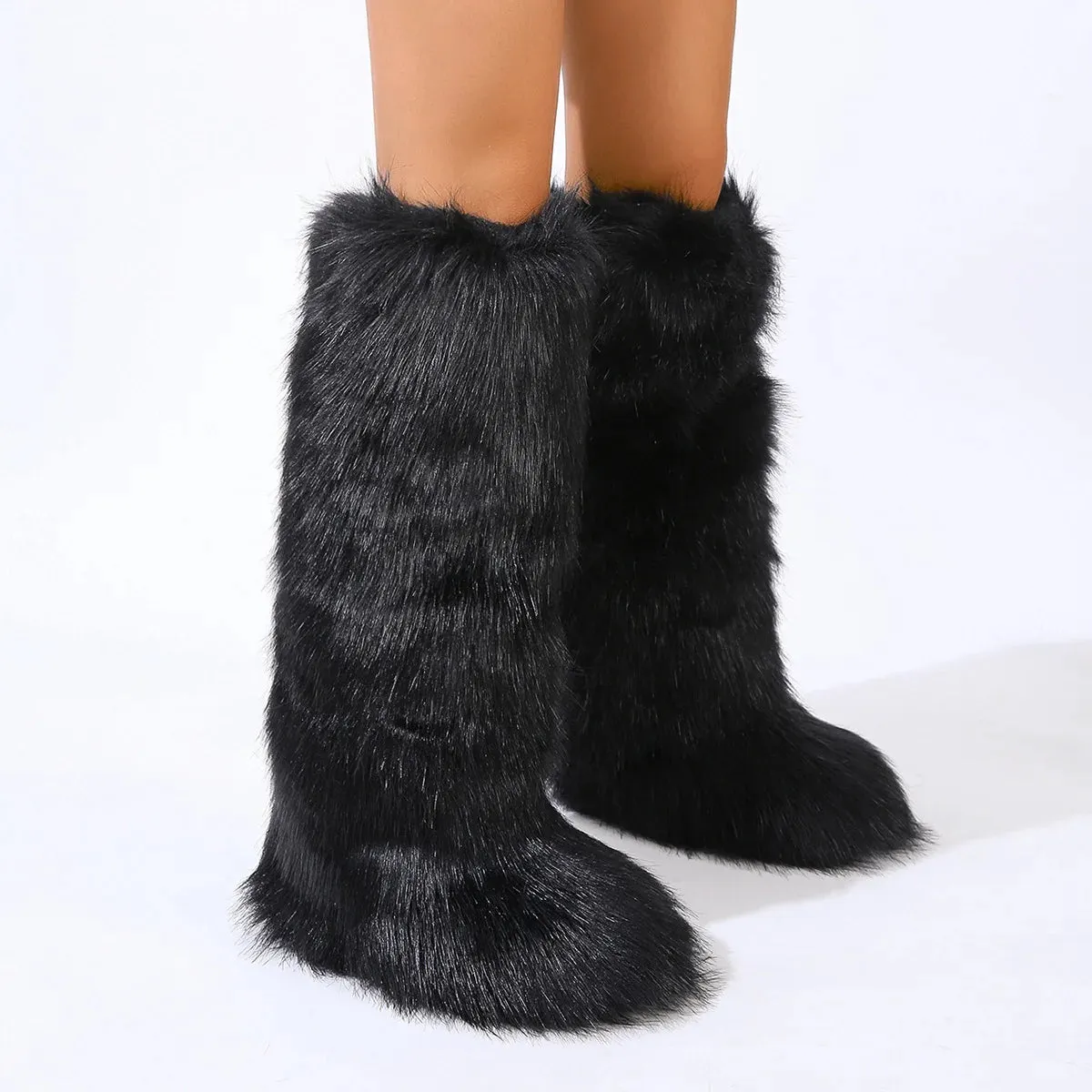 Women Winter Thigh High Fluffy Boots Faux Fox Fur Plush Knee High Fur Boots